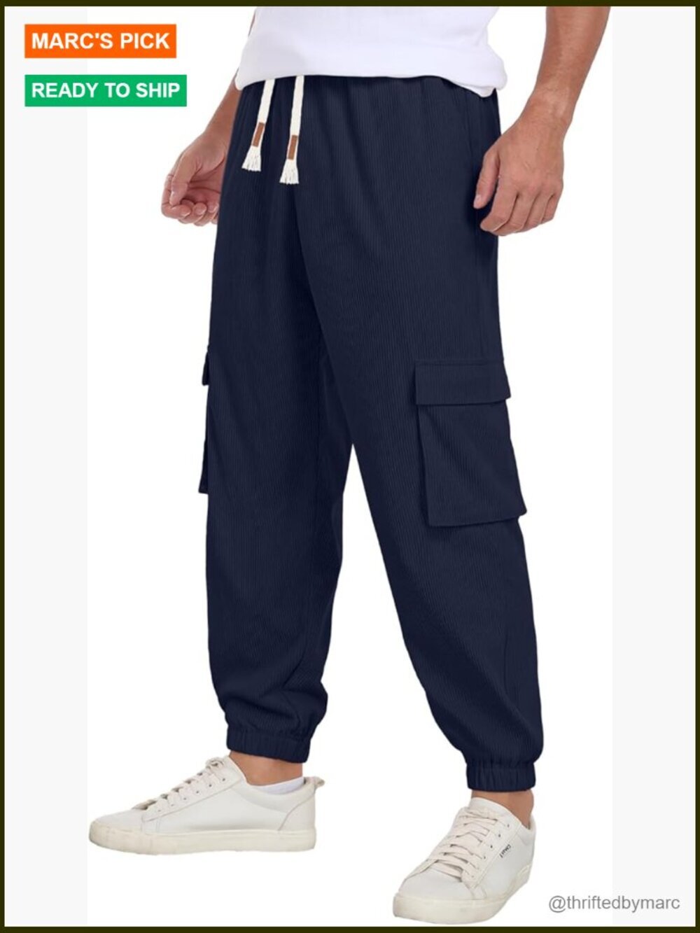 Men's Corduroy Cargo Pants Joggers Drawstring Elastic Waist Tapered Sweatpants